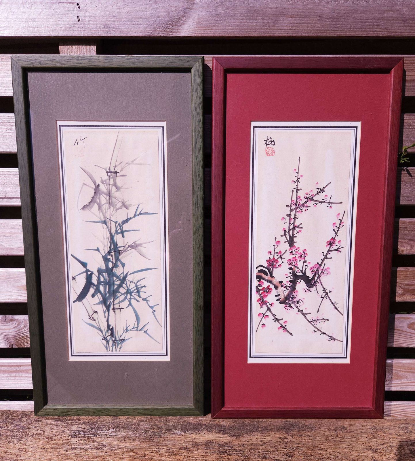 Pair Of Pretty Japanese Watercolours, Pink Cherry Blossom & Green Bamboo photo furniture