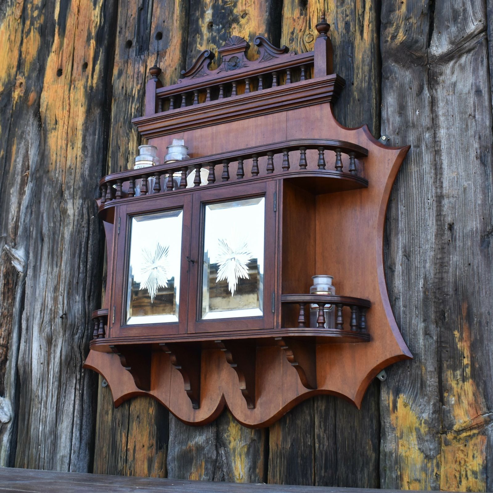 Antique Rare Sunburst Etched Mirror Doors Mahogany Bathroom Wall Display Cabinet photo furniture