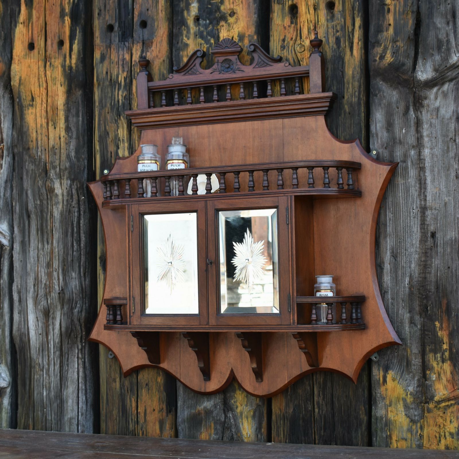 Antique Rare Sunburst Etched Mirror Doors Mahogany Bathroom Wall Display Cabinet photo vinterior