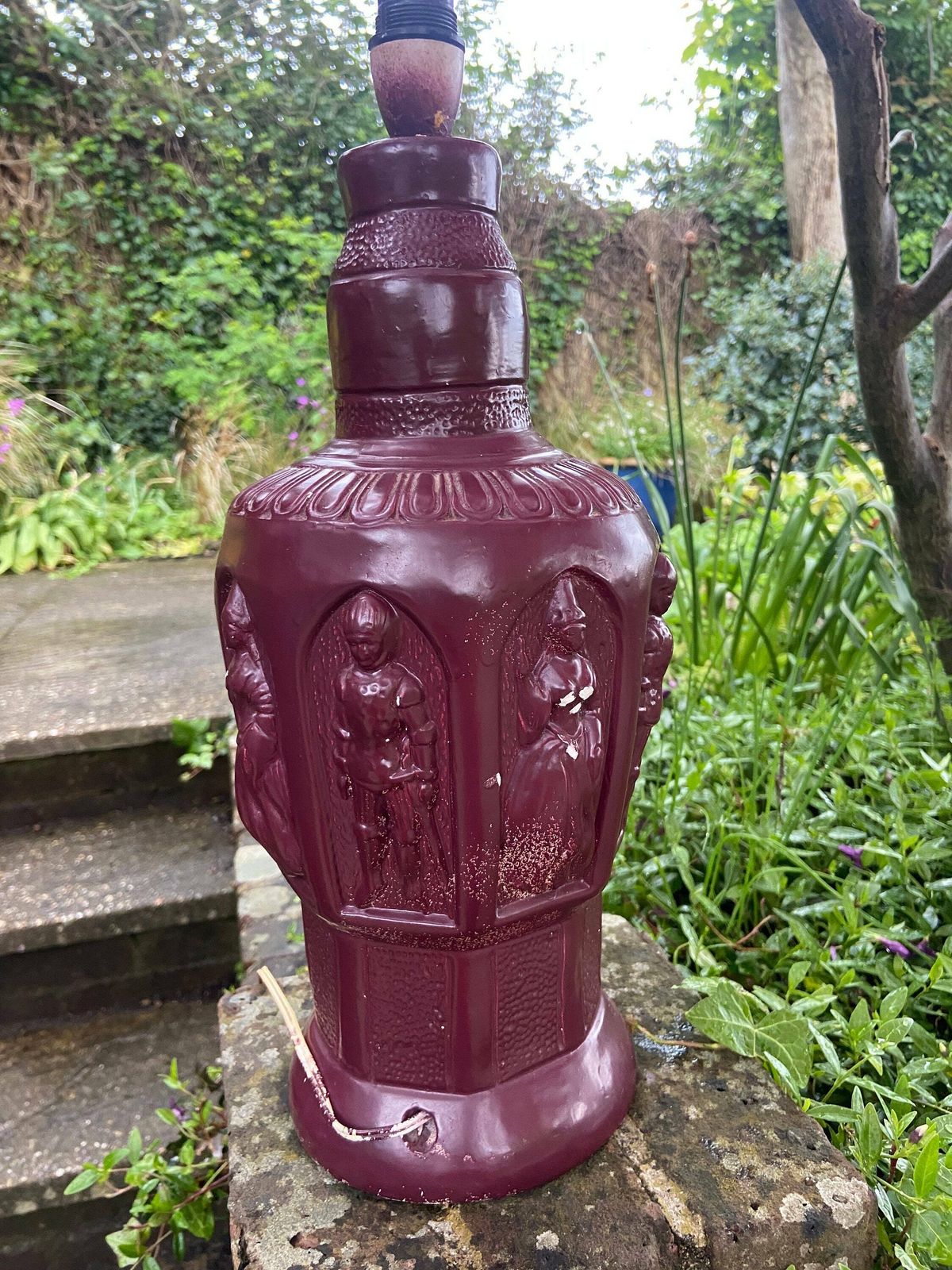 Quirky 1960s 70s Large Ceramic Lamp   Wine Red, Maroon, Bottle Shape, Knicks And Maidens Motif, Working Lamp, Retro Lamp, Upcycle photo vinterior