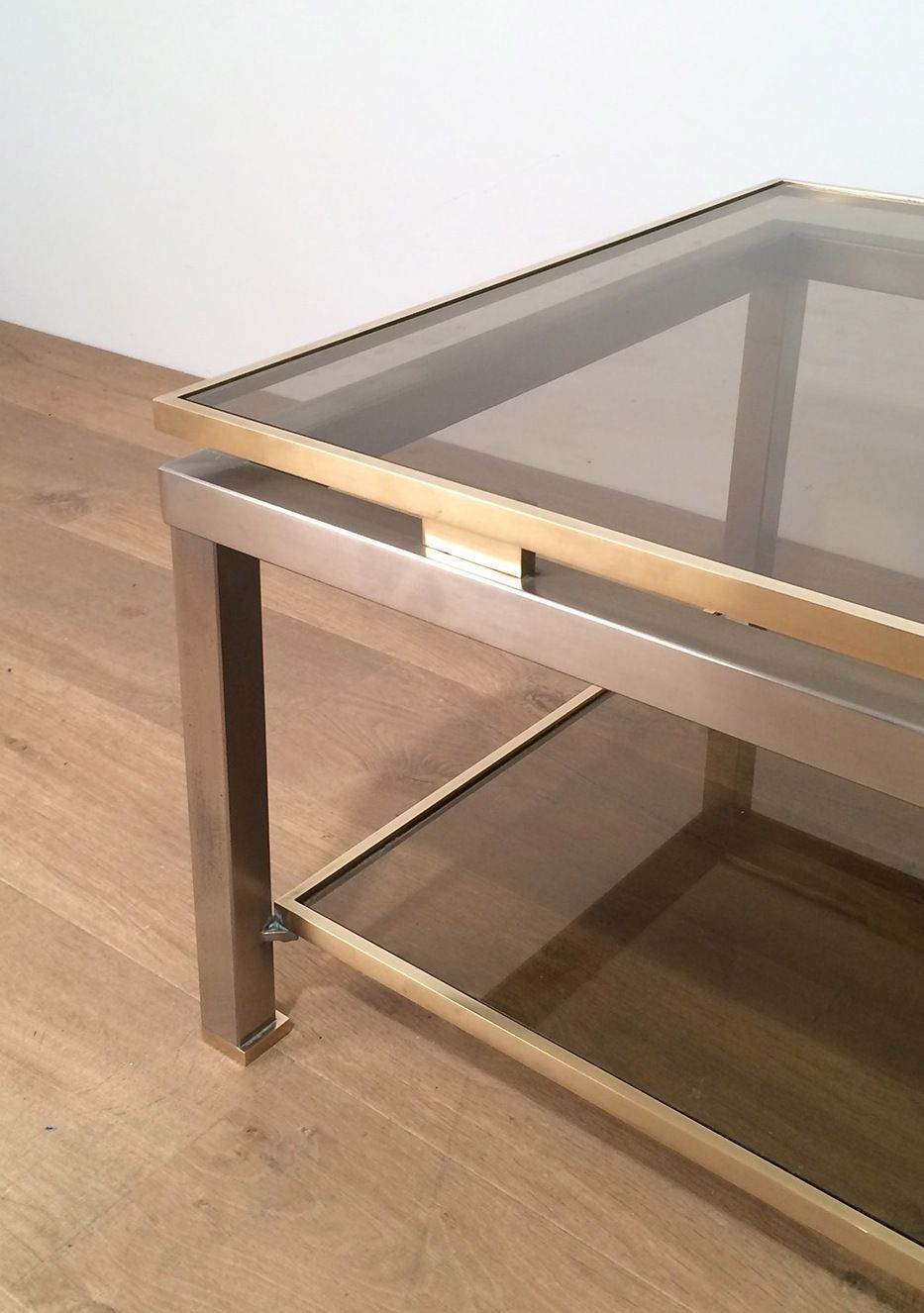 Table Basse à Double Plateau En Acier Brossé Et Laiton De Guy Lefèvre Pour La Maison Jansen photo for sale