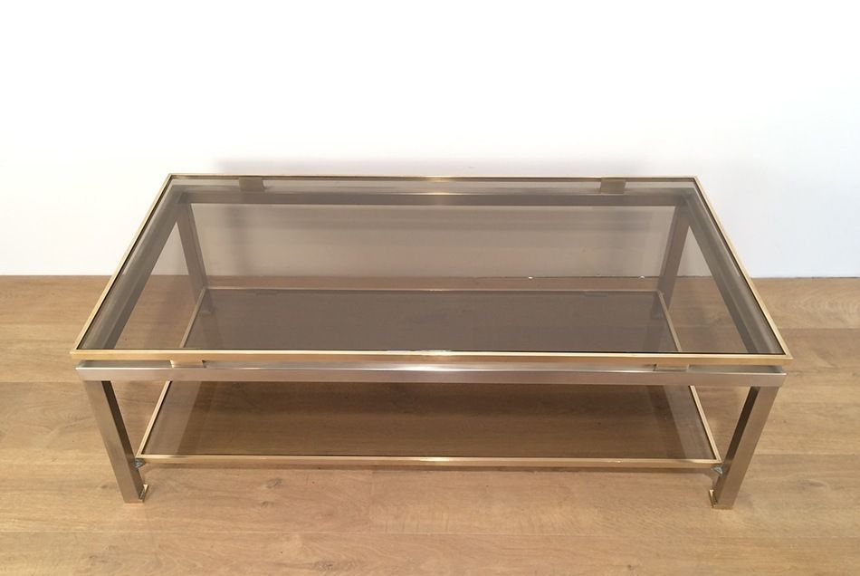 photo for sale Table Basse à Double Plateau En Acier Brossé Et Laiton De Guy Lefèvre Pour La Maison Jansen