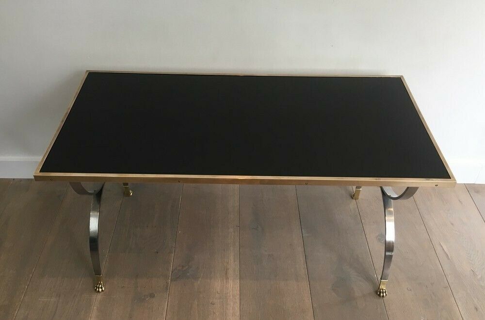 Maison Jansen. Rare Brushed Steel And Brass Neoclassical Style Coffee Table With Claw Feet And Black Lacquered Glass Top. French. Circa 19 photo vintage