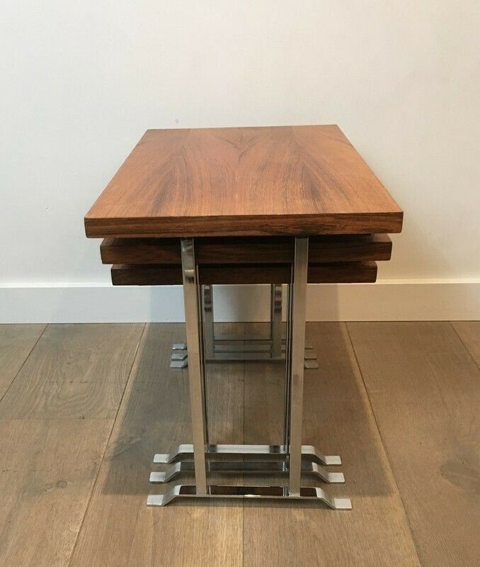 Set Of 3 Exotic Wood And Chrome Nesting Tables photo 816.0
