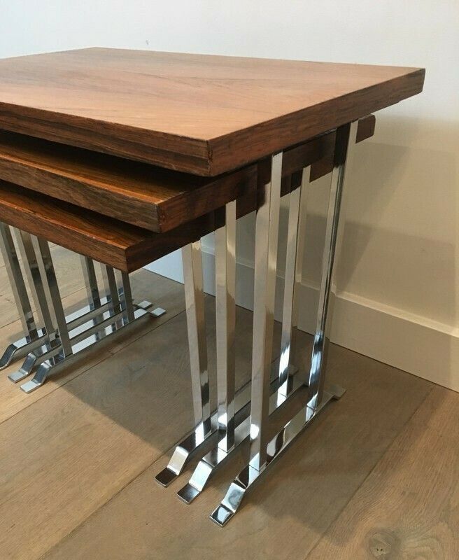 Set Of 3 Exotic Wood And Chrome Nesting Tables photo buy