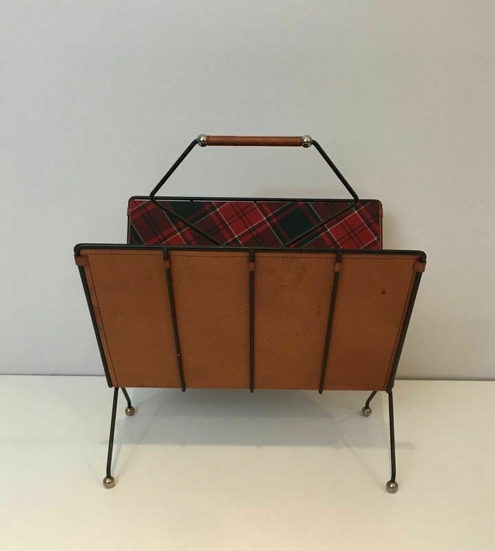 Magazine Rack In Black Lacquered Metal, Leather And Checkered Fabrics photo for sale