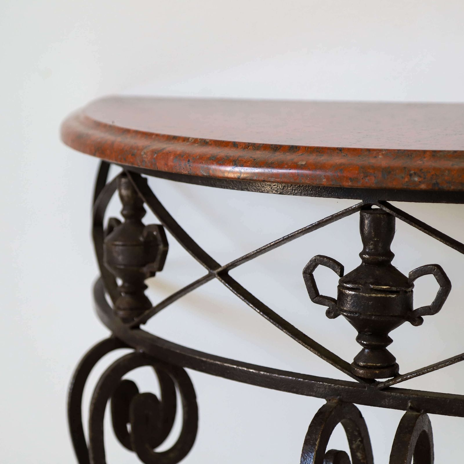Furniture French Mid Century Wrought Iron Demi Lune Console Granite Top photo