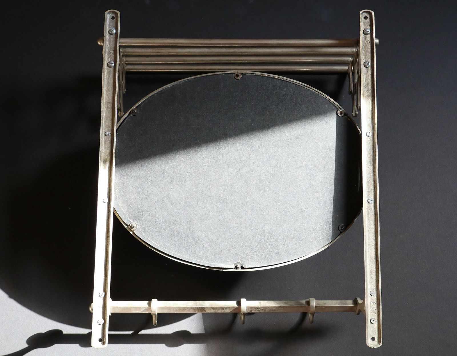 photo for sale Antique Metal Train Coat Rack With Mirror French Luggage Rack
