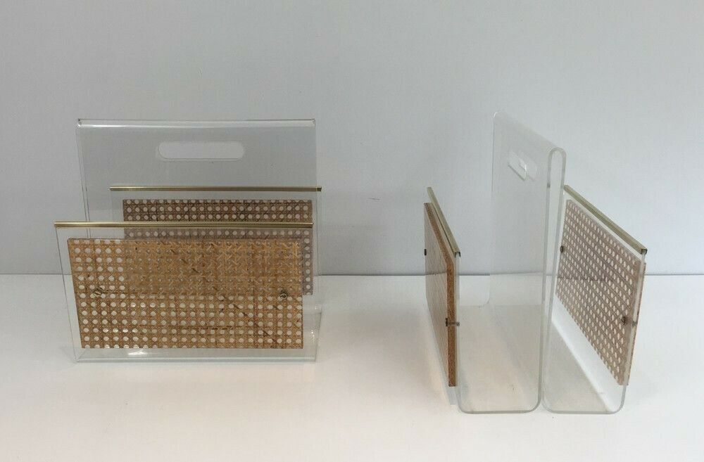 In The Style Of Christian Dior And Gabriella Crespi. Pair Of Lucite, Brass And Encrusted Cane Magazine Racks. French. Circa 1970 photo for sale