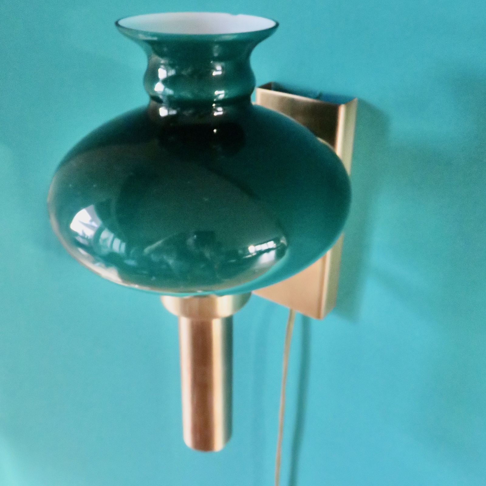Brushed Brass Wall Lamp With “Vitrika” Green Glass Shade. Denmark 1980 photo for sale