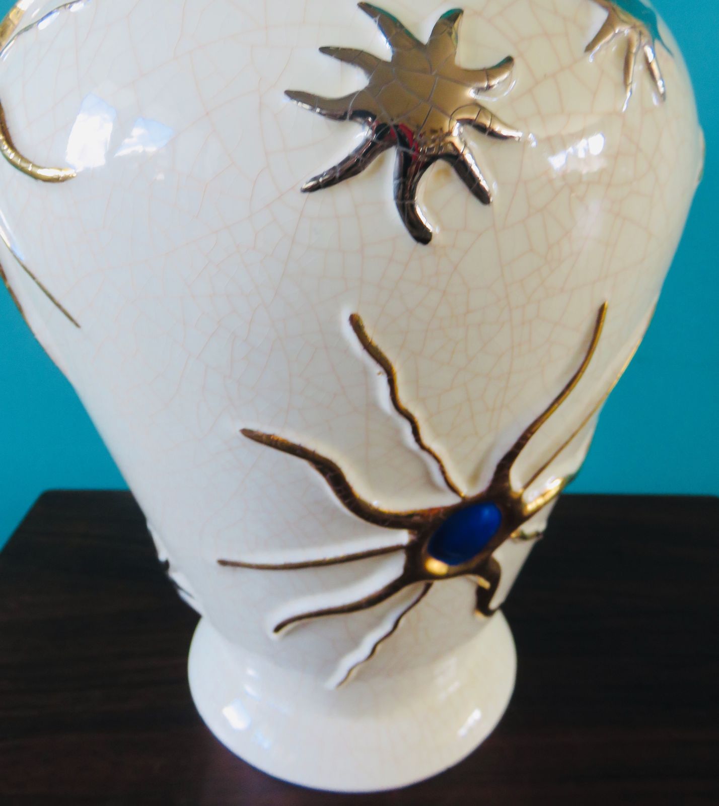Large Ecru Cracked "Longwy" Earthenware Lamp With Bas Relief Of Suns And Stars. France 1945 1950 photo buy