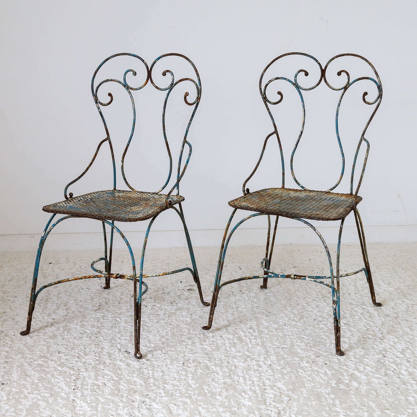 Pair Of Early 20th C Pretty Wrought Iron Painted Garden Chairs photo for sale