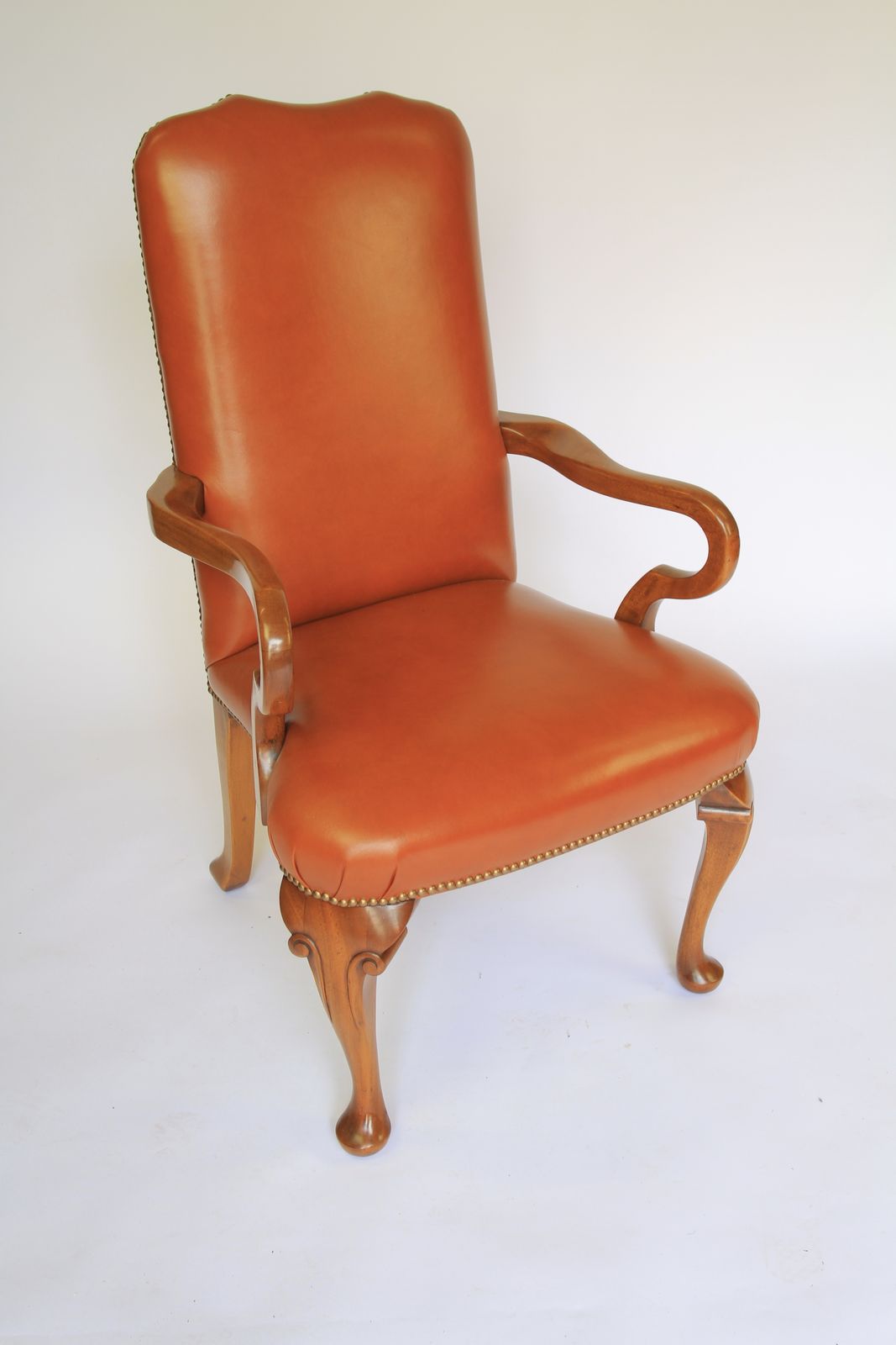 Queen Anne Style Walnut & Leather Elbow Chair