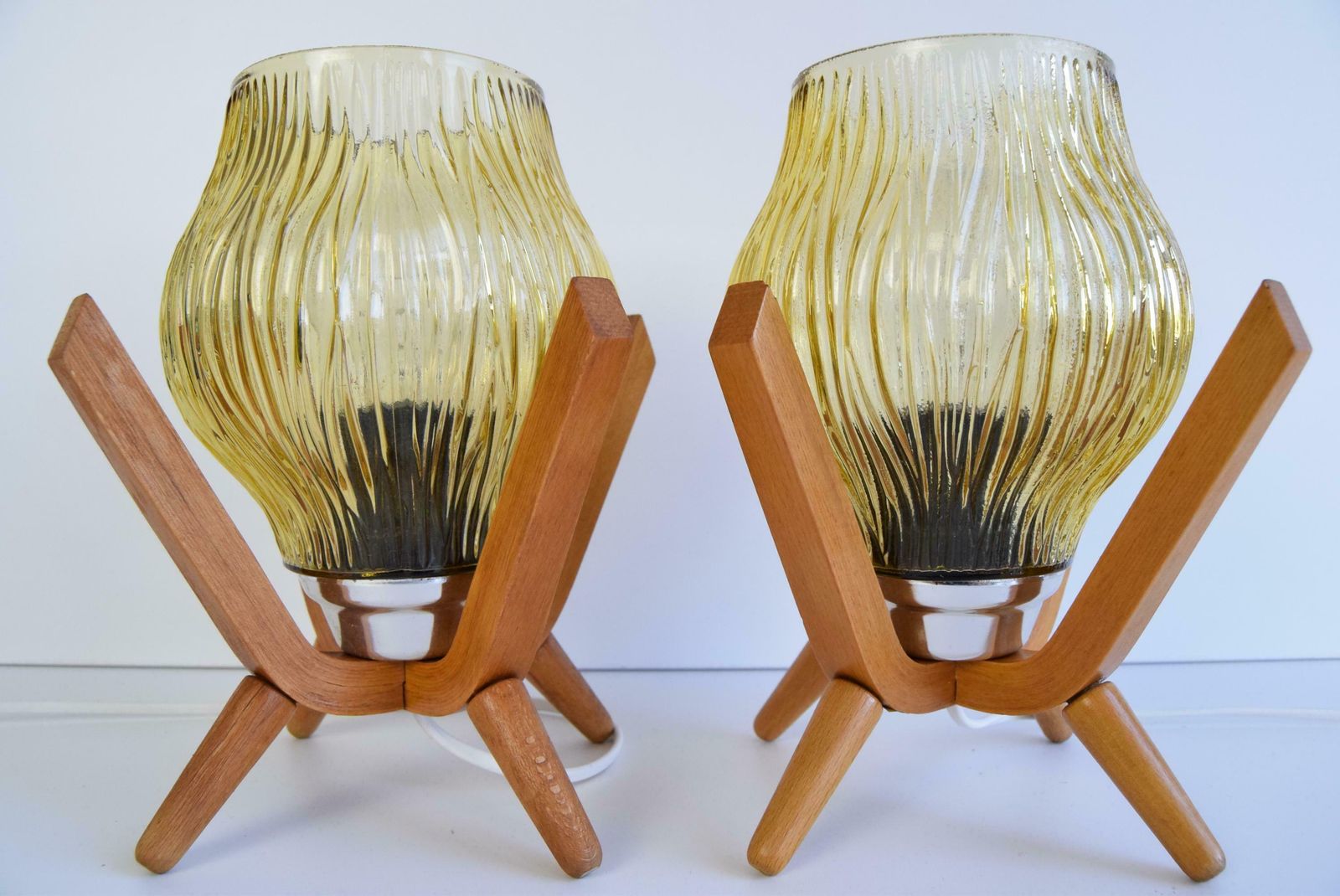 Pair Of Mid Century Wooden Design Table Lamps, By Dřevo Humpolec, 1970's. photo 594.0