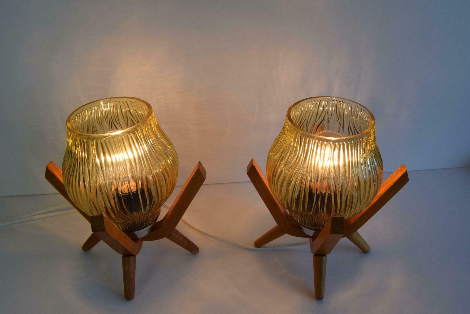 photo for sale Pair Of Mid Century Wooden Design Table Lamps, By Dřevo Humpolec, 1970's.