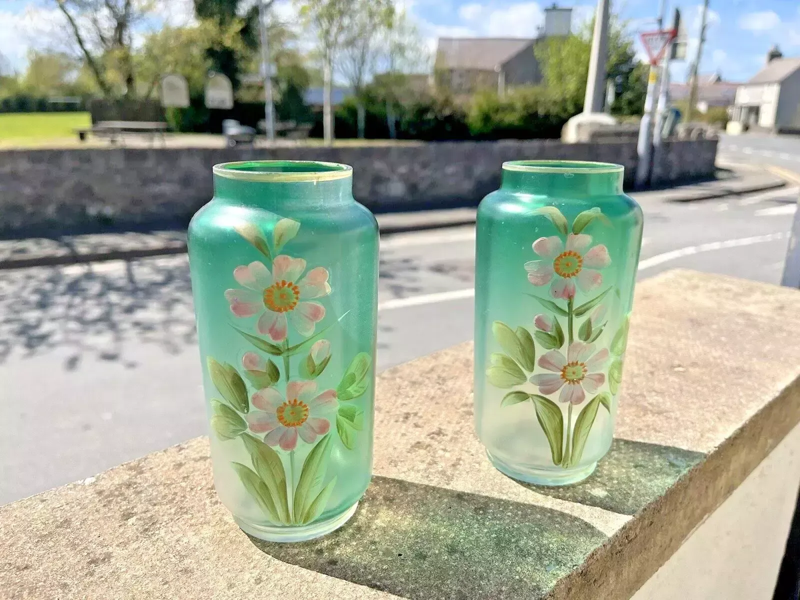 Pair Of Art Nouveau Bohemian Green Enamel Painted Floral Vases Carl Goldberg photo furniture