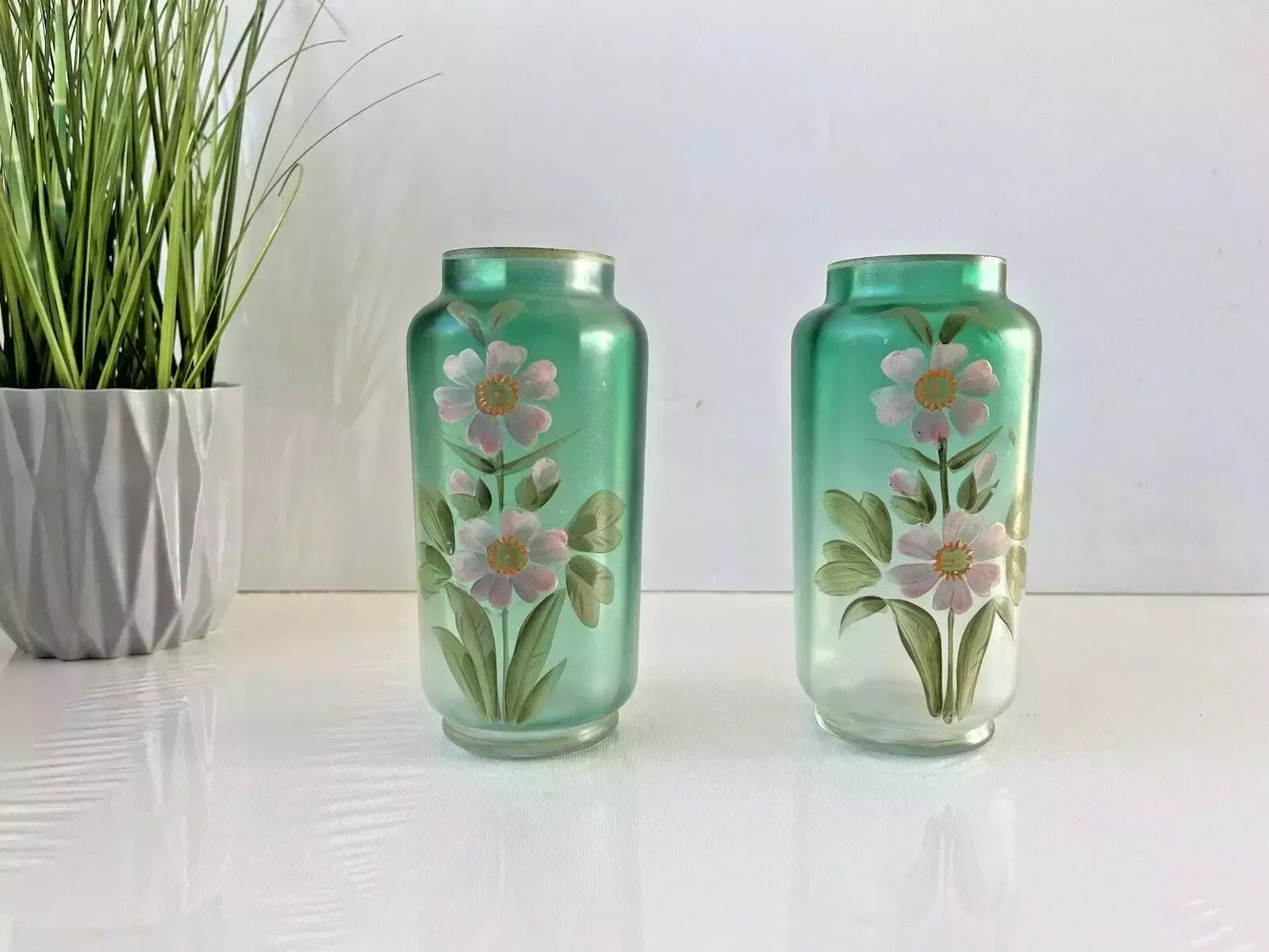 220.0 Pair Of Art Nouveau Bohemian Green Enamel Painted Floral Vases Carl Goldberg photo