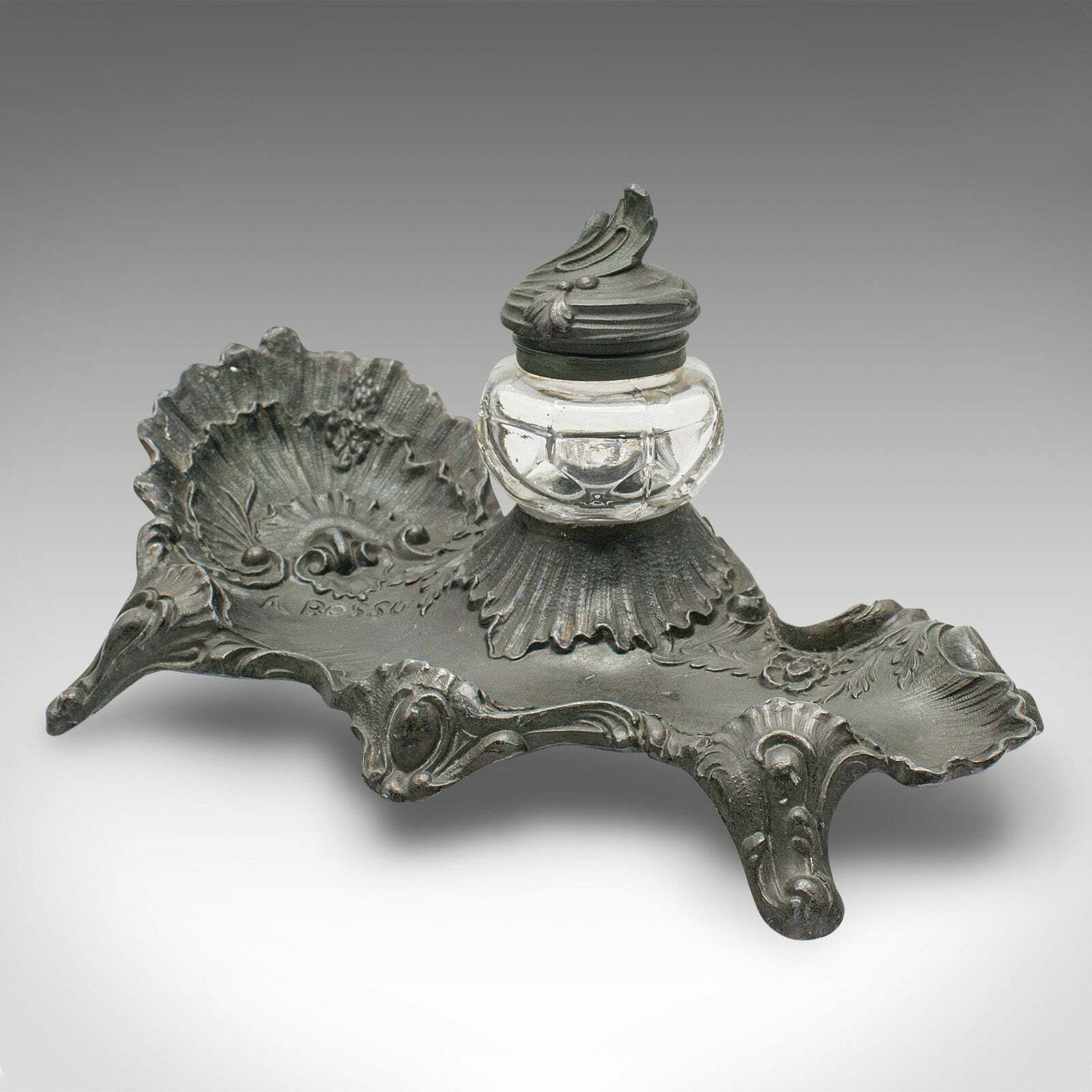 Antique Art Nouveau Ink Well, French, Pewter, Decorative Pen Tray, Victorian photo for sale