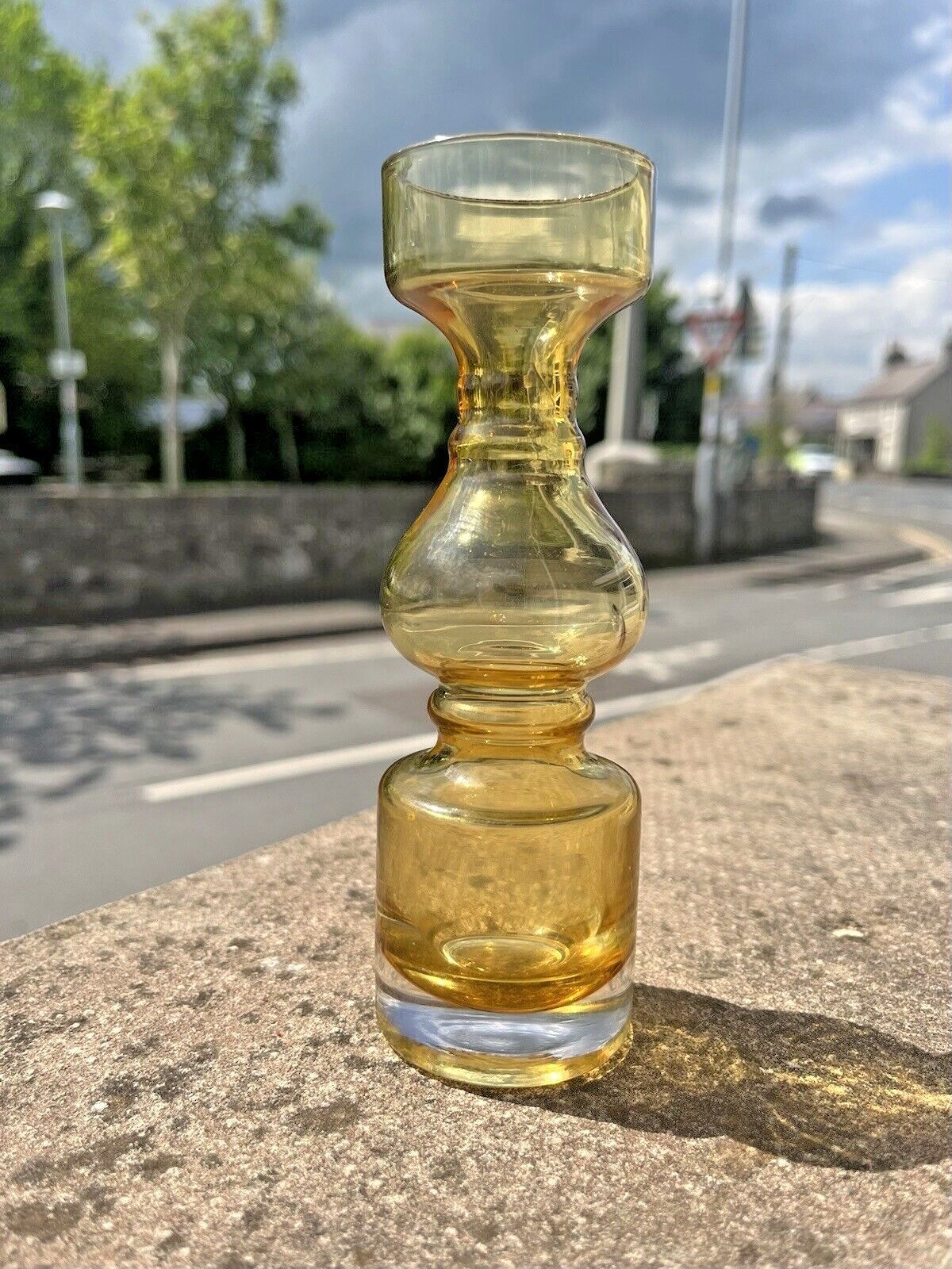 50.0 Amber Japanese Scandinavian 60's 70's Style Hooped Glass Vase Likely By Tajima photo
