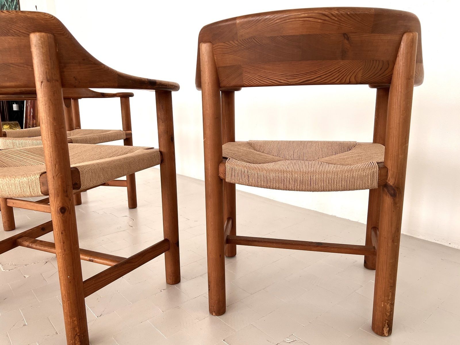 Rainer Daumiller Dining Chairs In Pine And New Paper Cord, 1970s photo vintage