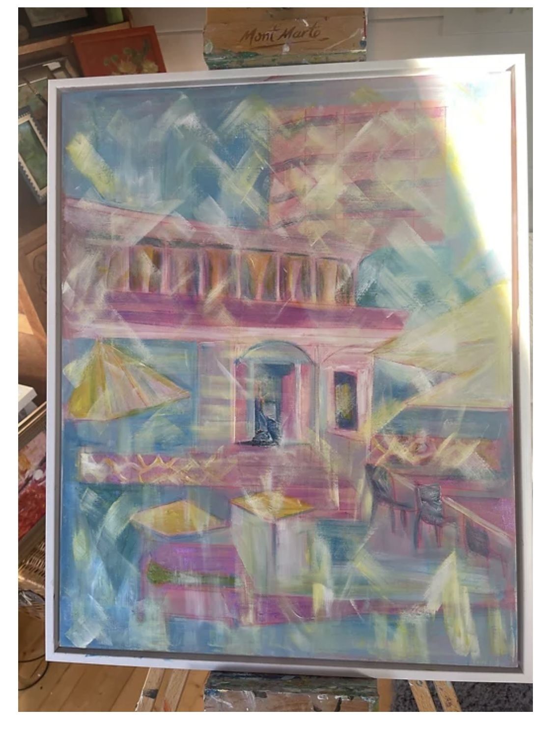 Original Canvas In White Frame, Artist Catherine Mackie, 2023, Cafe Lc photo furniture