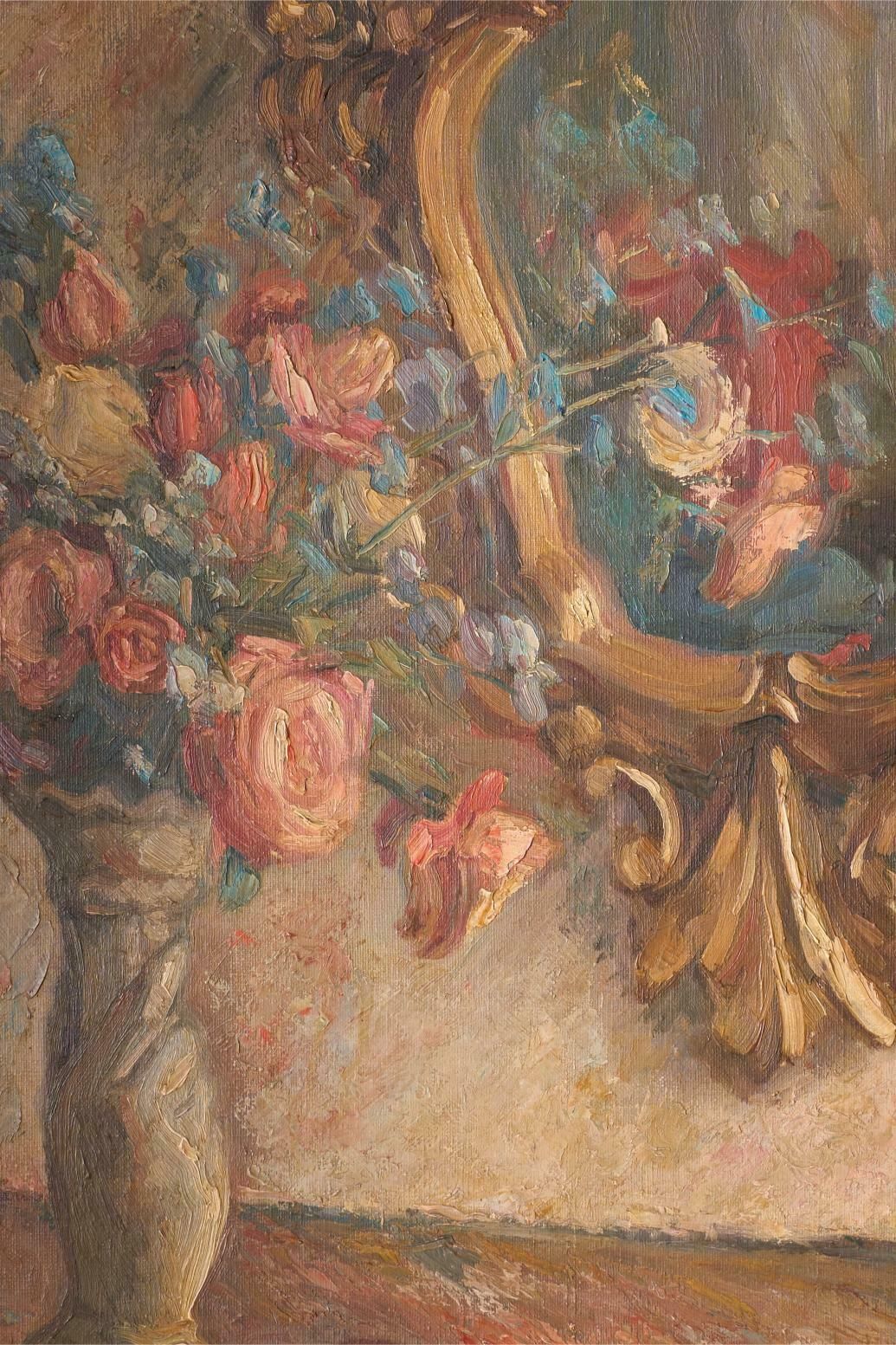 Early 20th Century Oil On Canvas Painting Of A Mirror With Flowers photo for sale