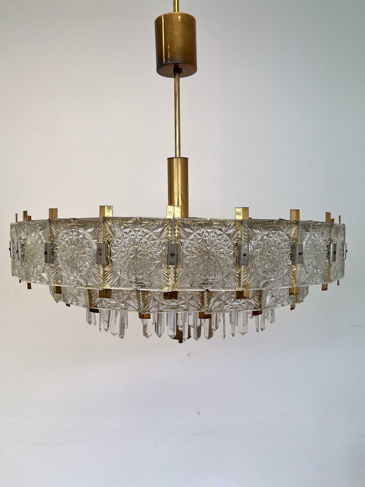 Pair Of Two Xxl Big Brass Glass Chandeliers By Kamenicky Senov/Preciosa, 1970s photo furniture