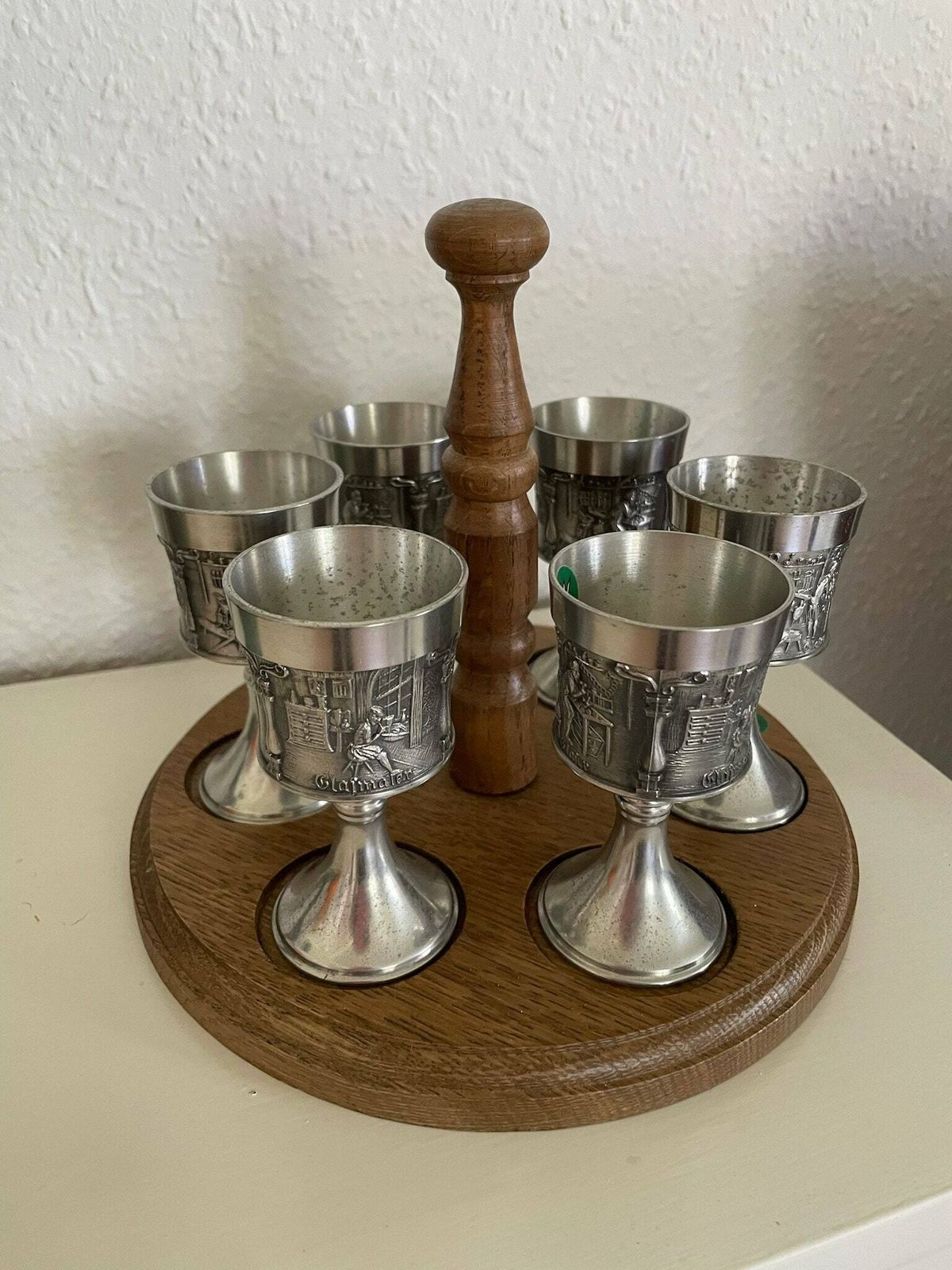 Set Of Six German Tin Pewter Cups Or Goblets On A Wooden Holder By Grenningloh