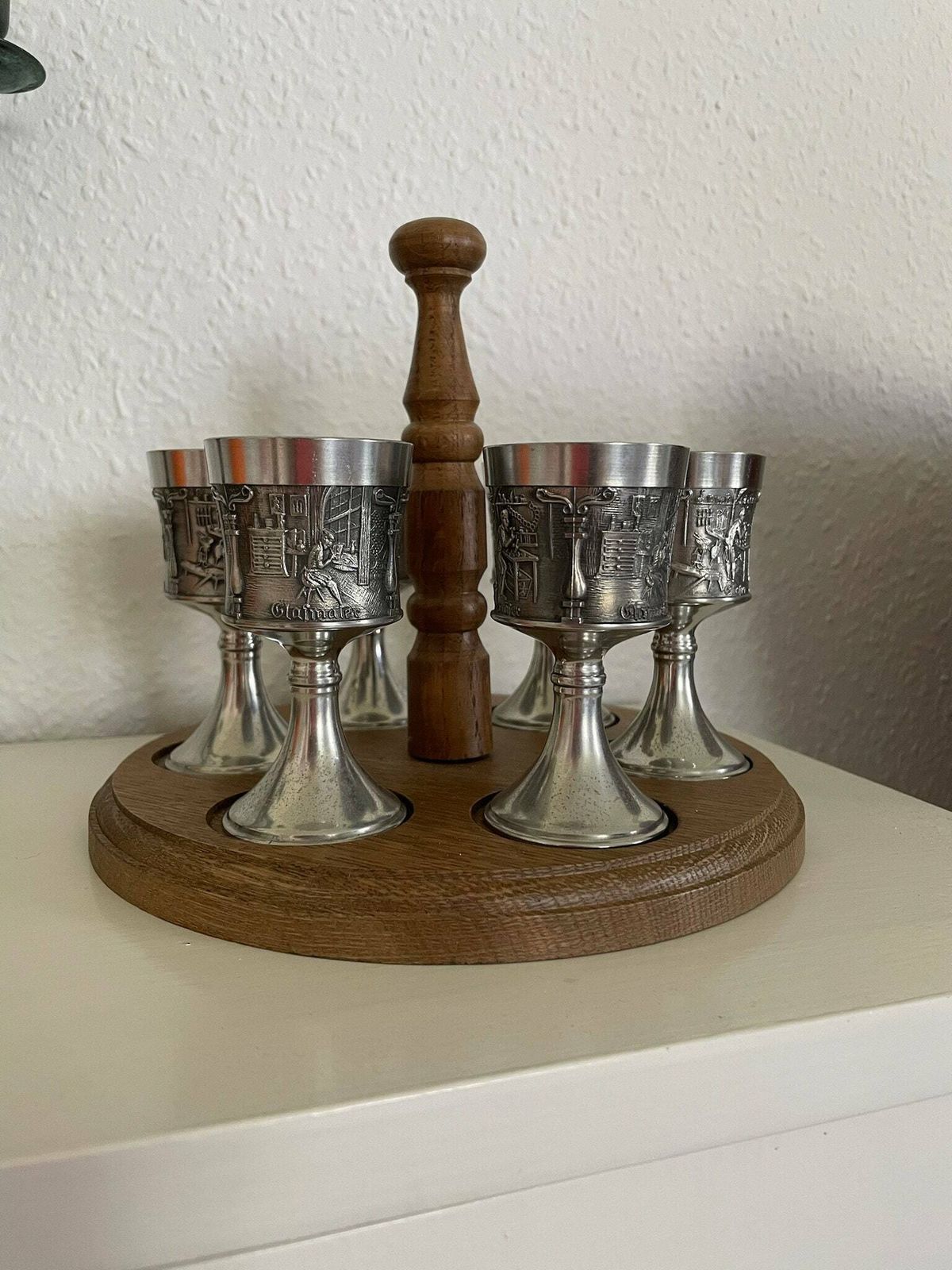 Set Of Six German Tin Pewter Cups Or Goblets On A Wooden Holder By Grenningloh photo furniture