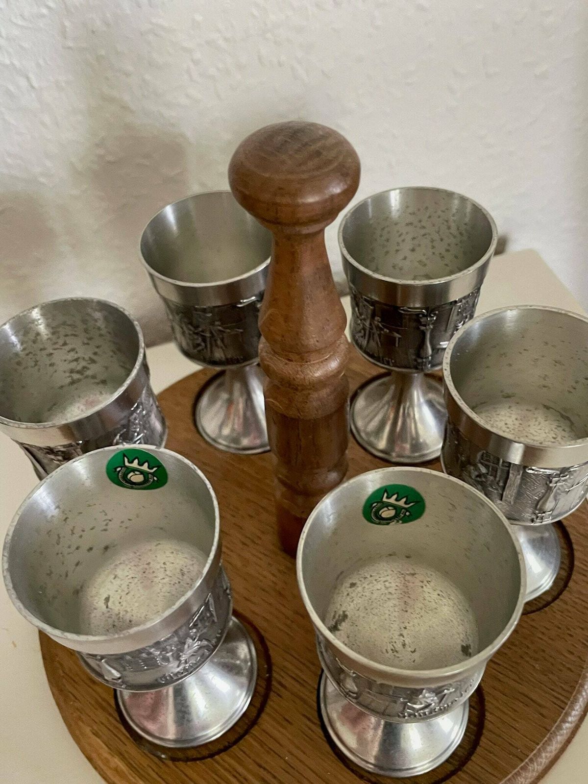 Set Of Six German Tin Pewter Cups Or Goblets On A Wooden Holder By Grenningloh photo for sale