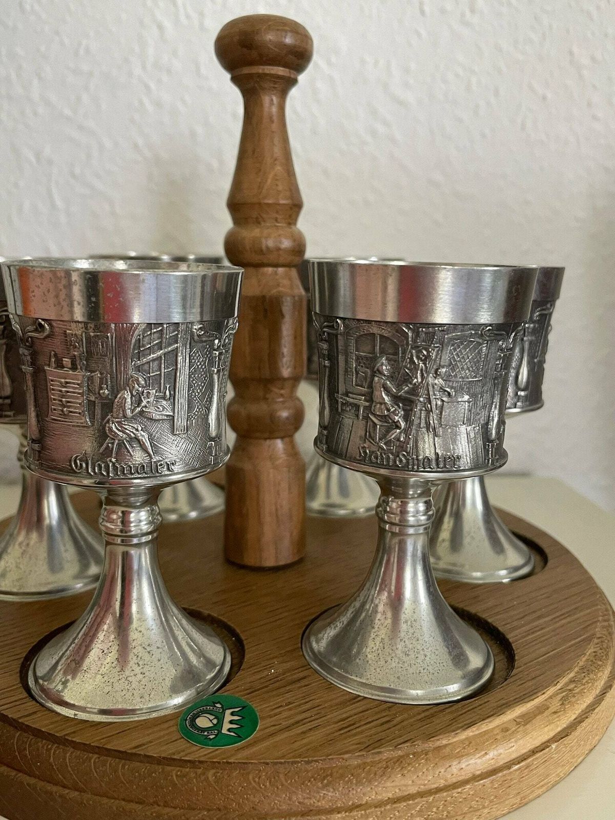 Set Of Six German Tin Pewter Cups Or Goblets On A Wooden Holder By Grenningloh photo 89.0
