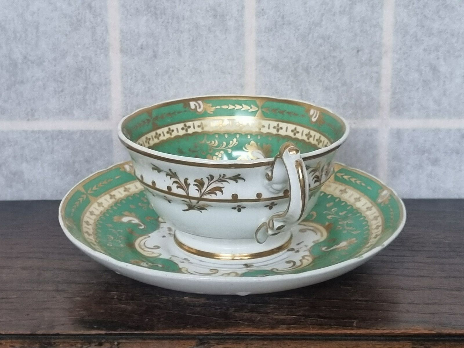 photo for sale Antique Tea Cup Saucer Green Floral Basket English Bone China