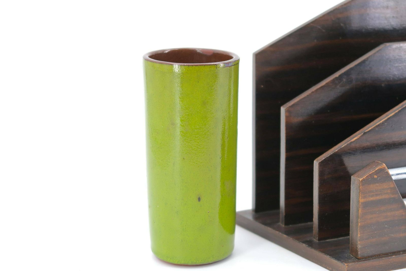 French Green Ceramic Cylinder Vase, 1970s / Roll, Tube, Georges Jouve Style, Home Decor photo vinterior