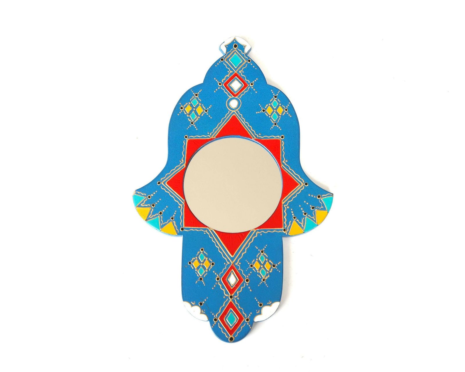 Marokkaanse Beschilderde Houten Hamsa Handspiegel, Jaren 1970 / Boho Chic, Bohemian Folk, Marokko, Arabisch