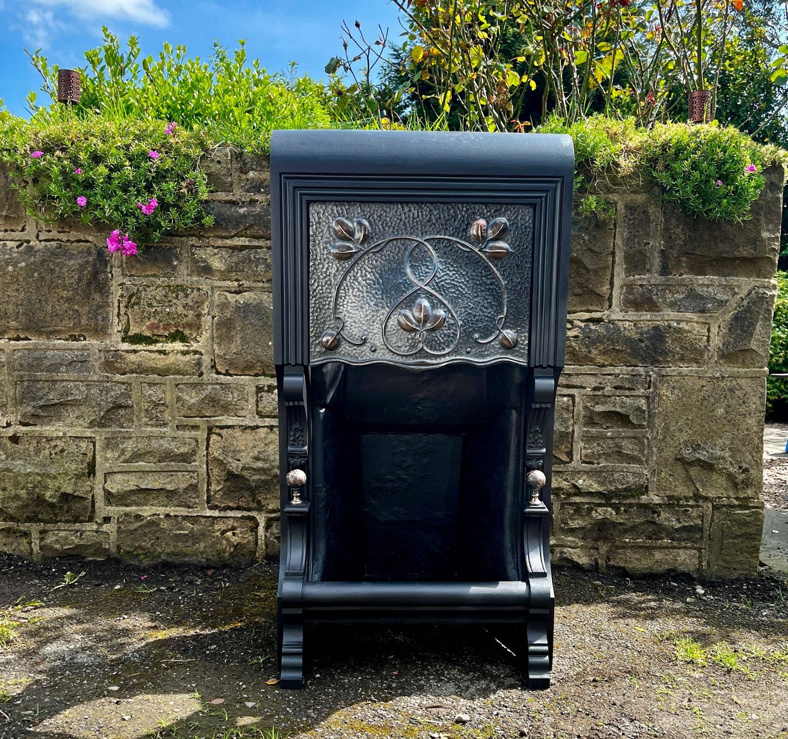 Antique Victorian Art Nouveau Fireplace Pewter And Copper Accent, Cast Iron, Floral Design, Finial, Fire Grate, Period Home photo furniture