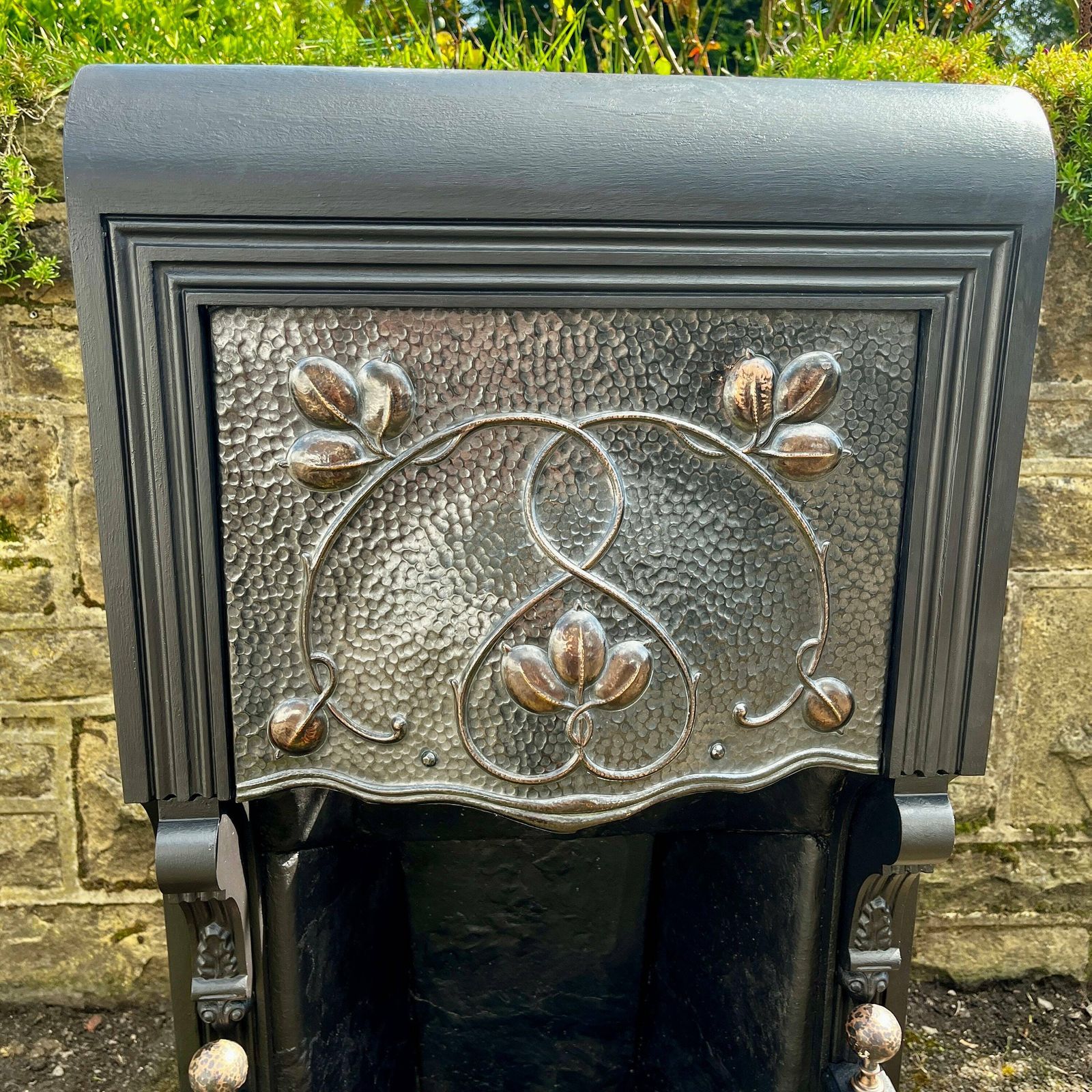 Antique Victorian Art Nouveau Fireplace Pewter And Copper Accent, Cast Iron, Floral Design, Finial, Fire Grate, Period Home photo for sale