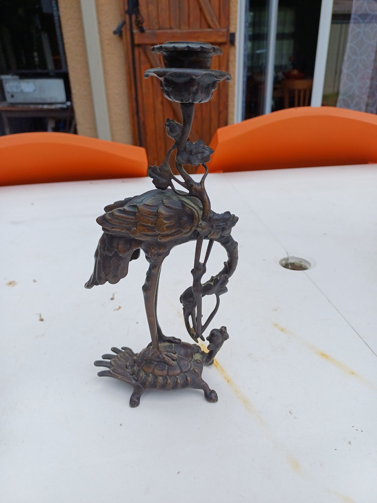 photo for sale Pair Of Bronze Candlesticks 19th Cranes And Turtles