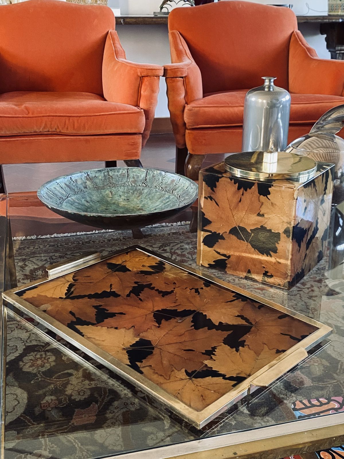 Hollywood Regency Brass And Leaves Resin Tray, Montagnani Firenze Italy 1970s photo Home Decor