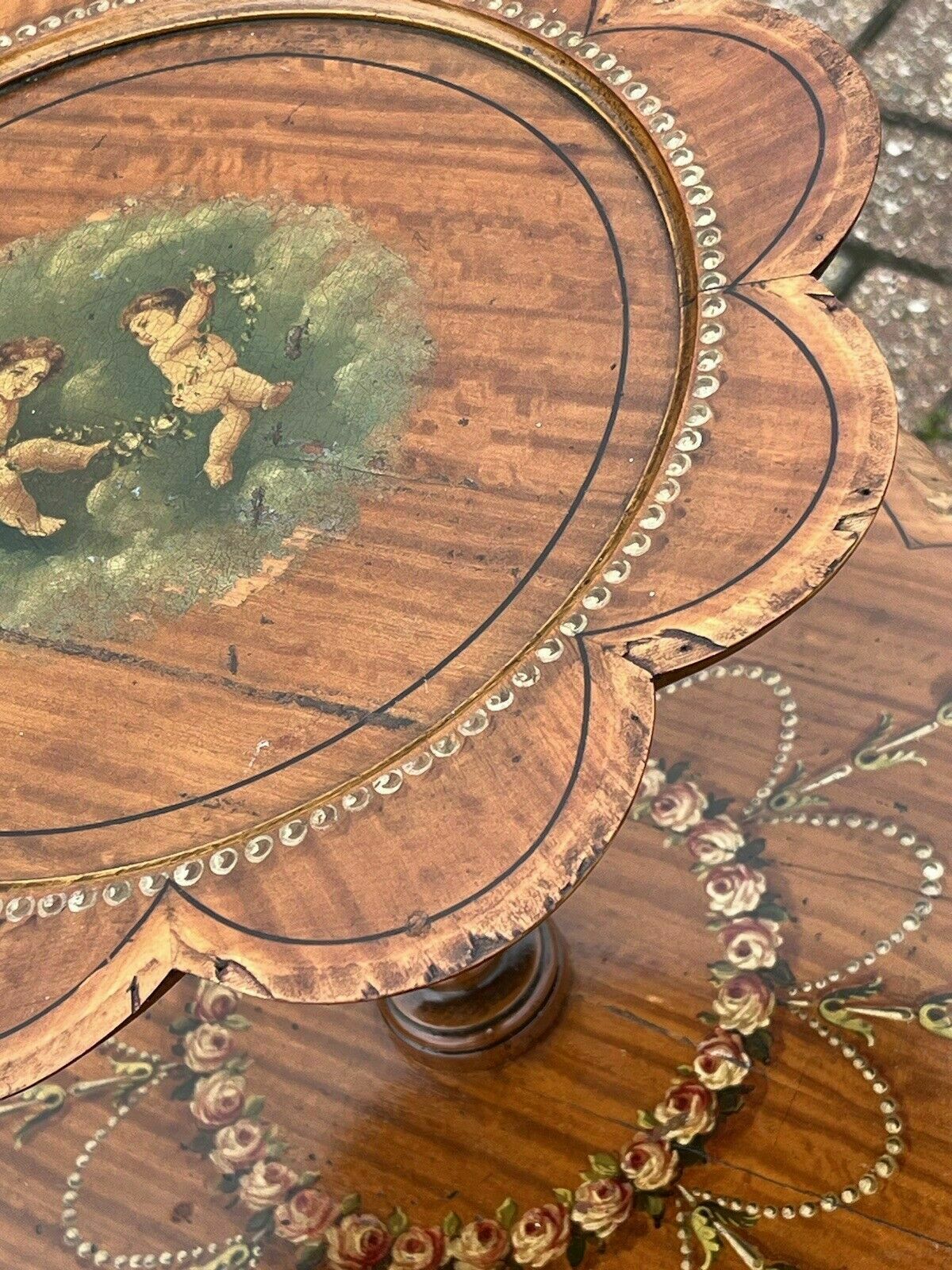 Edwardian Satin Walnut Painted Tea Table, Decorated With Cherubs And Foliage photo buy