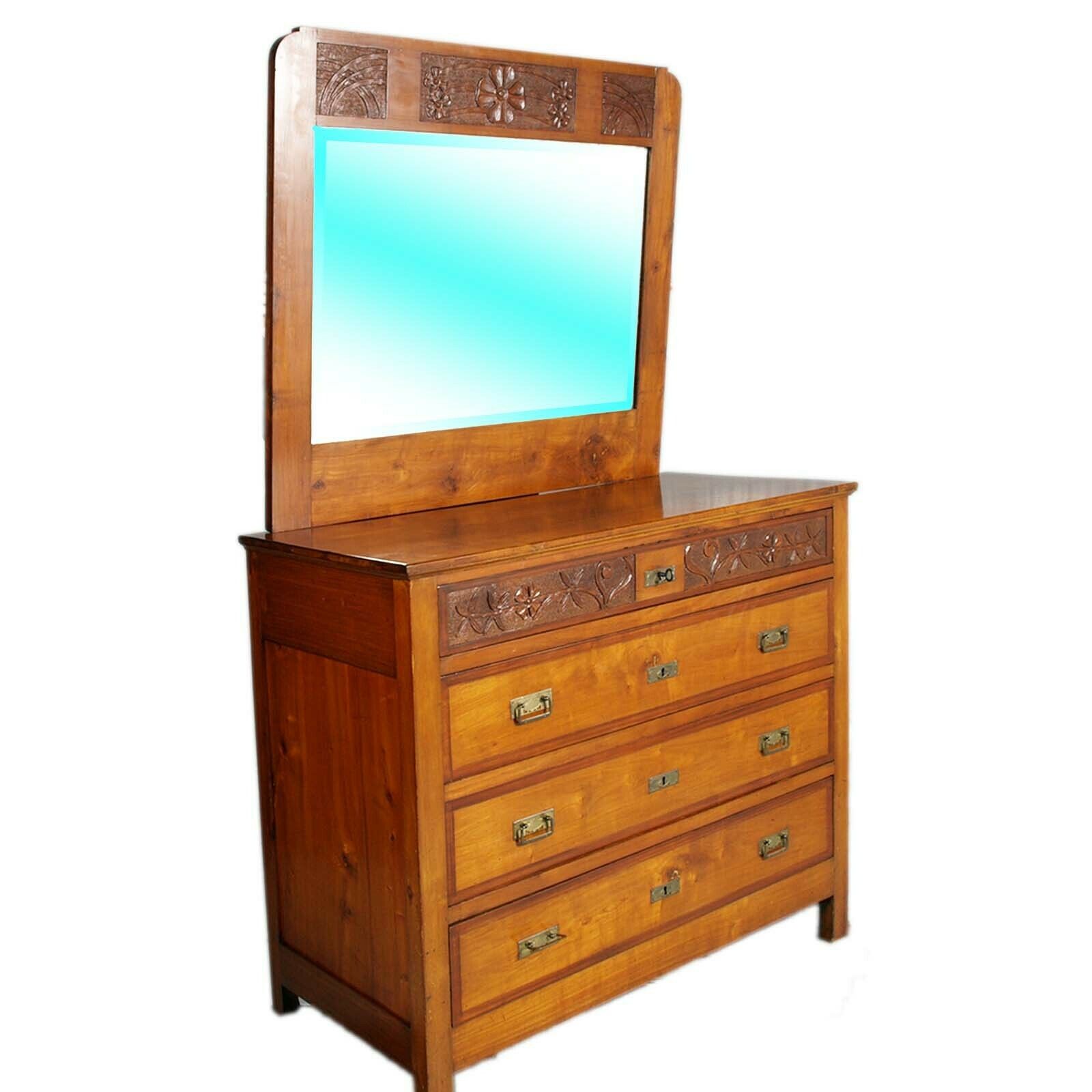 Commode Art Nouveau In Walnut With Mirror , Four Drawers, Carved, Restored,  Wax Polished