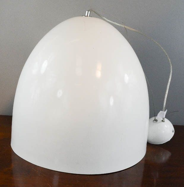 A Vintage Scandinavian White Dome Shaped Metal Pendant Lamp, Silvered Inside With Cut Glass Drops photo for sale