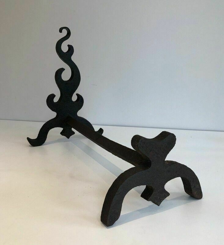 Pair Of Cast Iron And Wrought Iron Andirons photo vintage