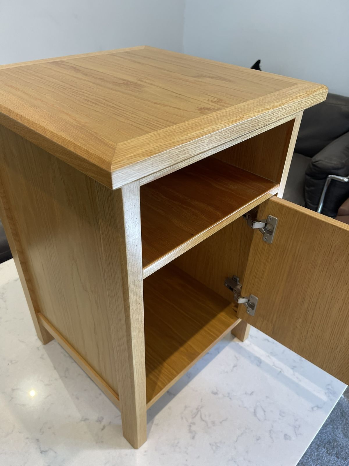 photo furniture Oak Bedside Cabinet With Oak Veneer Panels And Solid Oak Lipping, Legs And Frame
