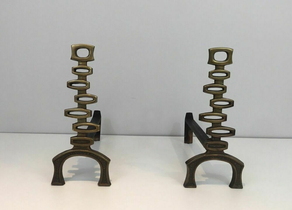Pair Of Modernist Brass Andirons