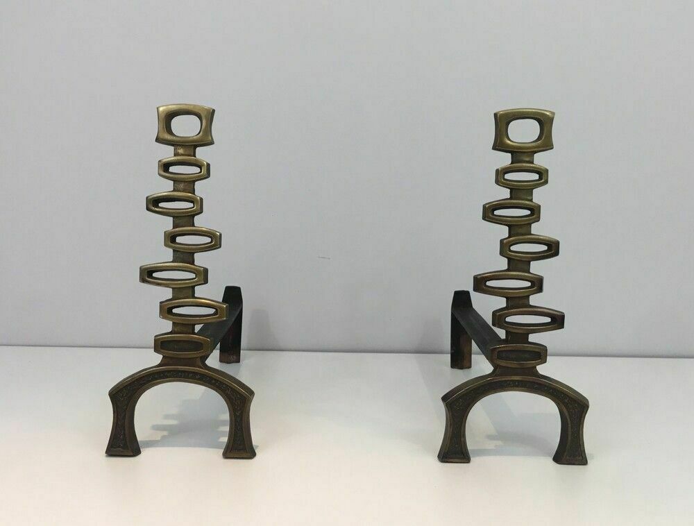 photo furniture Pair Of Modernist Brass Andirons