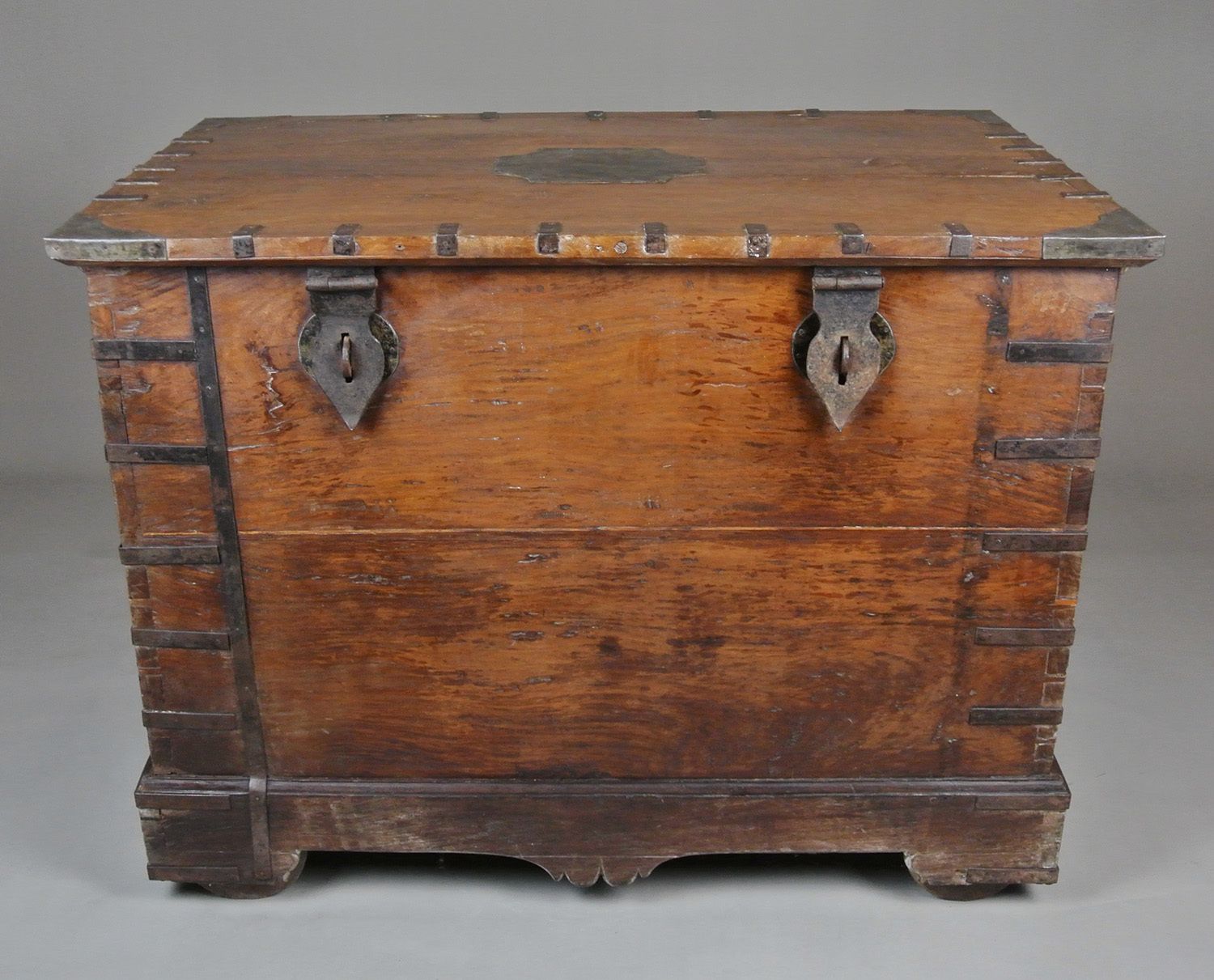 Monumental And Unusual 18th Century Teak And Iron Bound Dowry Chest C. 1840