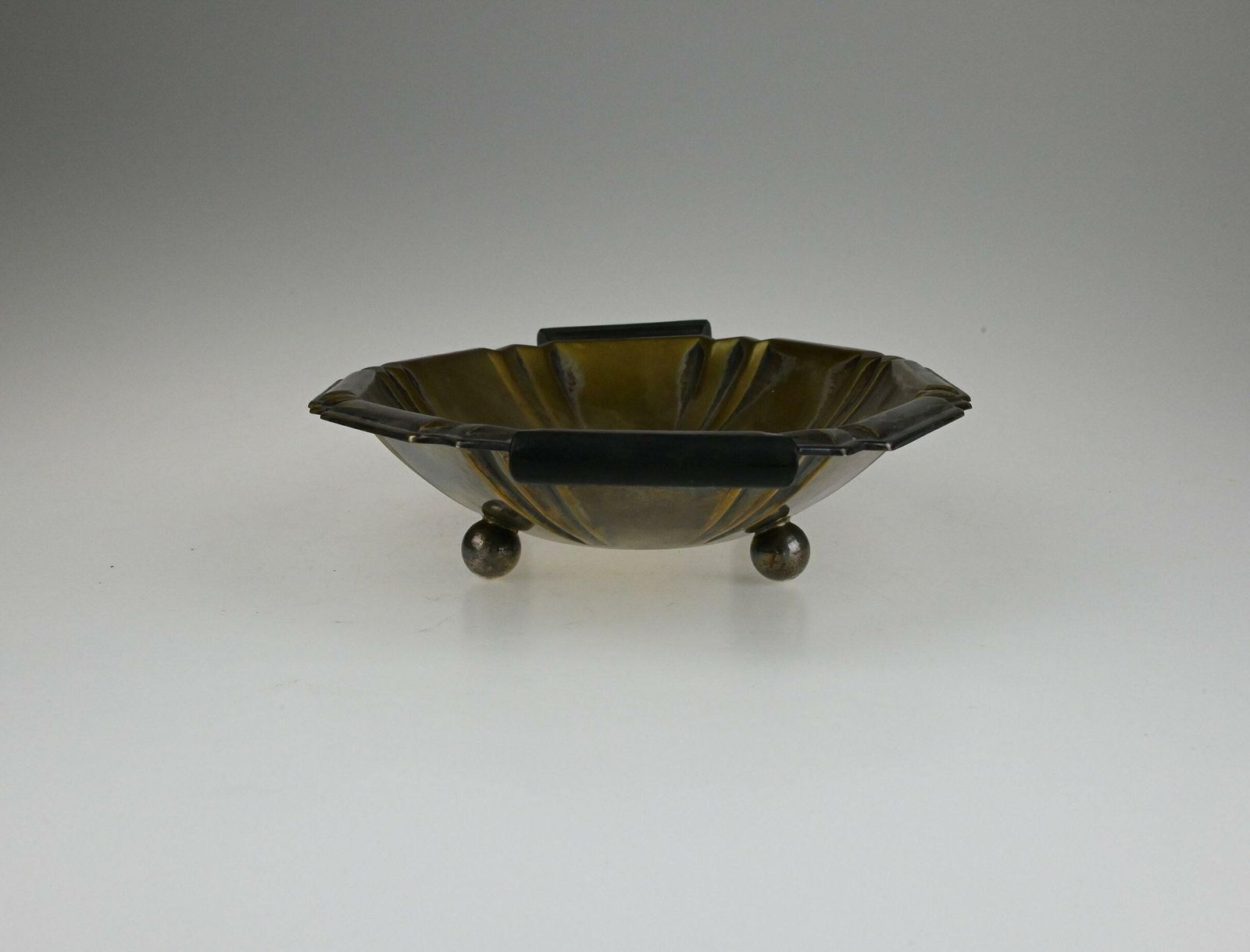 Antique Brass Art Deco Bowl With Wooden Handles, Antique Bowl, Decorative Bowl, Brass Bowl, Art Deco, Metal Bowl, Antique Collectibles photo for sale