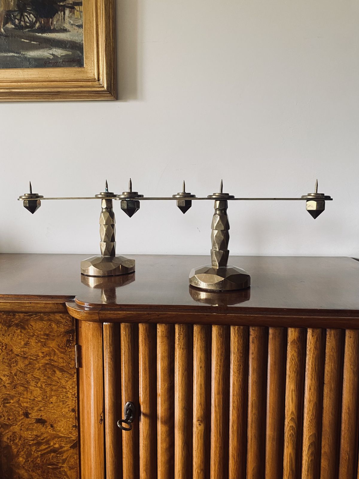 Brutalist Brass Pair Of Candle Holders, France 1970 photo buy