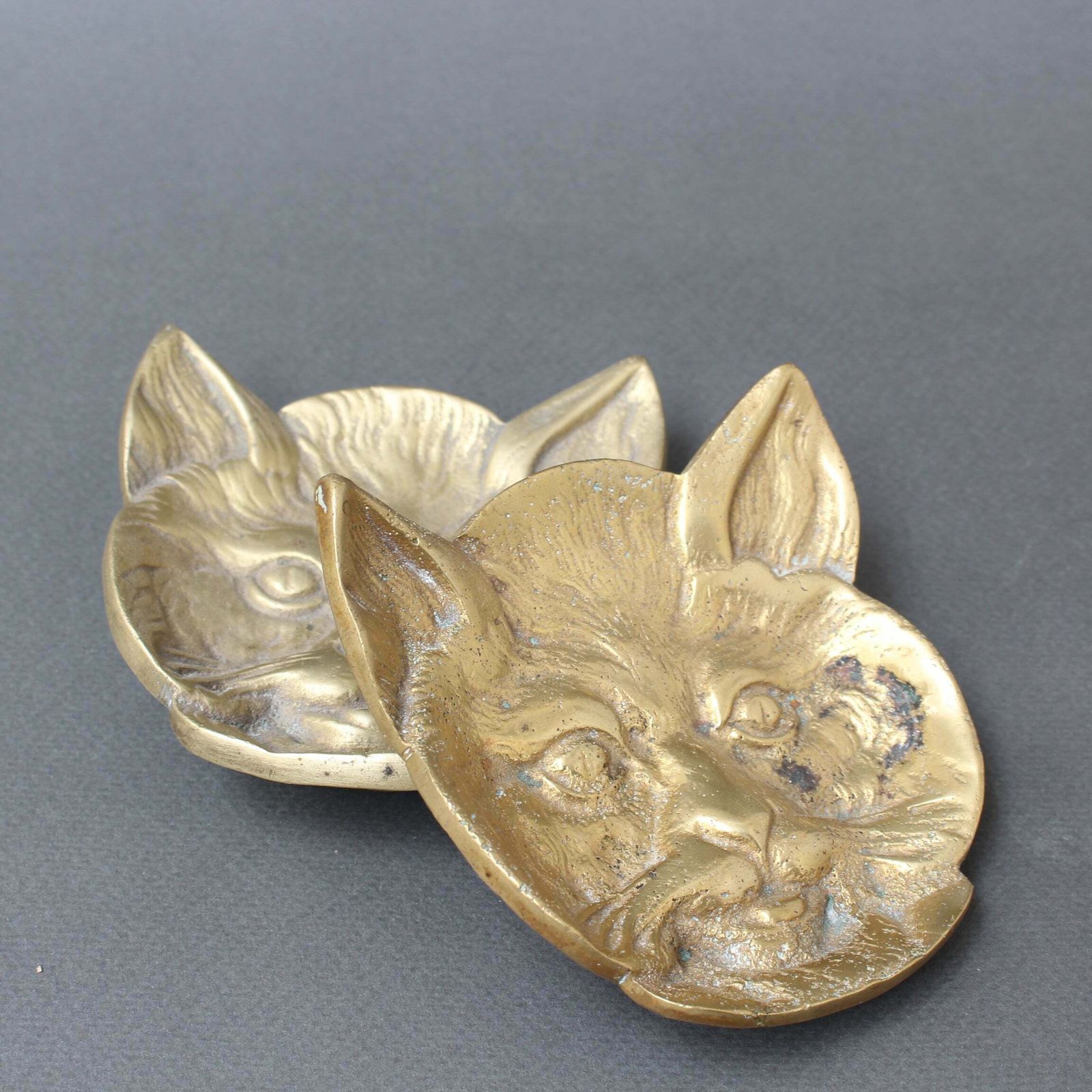 Pair Of Feline Brass Dishes (20th Century) photo for sale