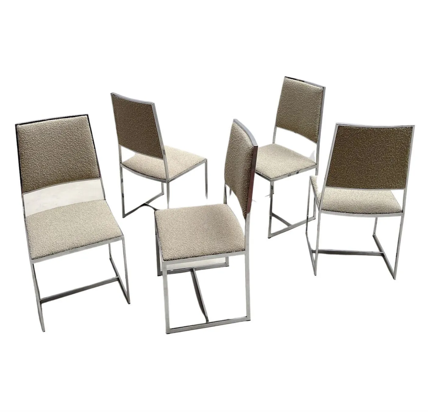 Mid Century Modern Set Of 5 Chairs Willy Rizzo Style, Chrome And Boucle Fabric